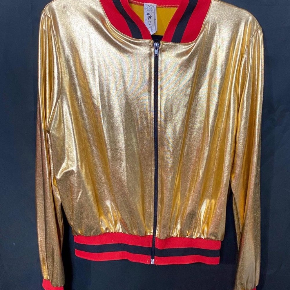 Gold Metallic Bomber Jacket with Red Trim